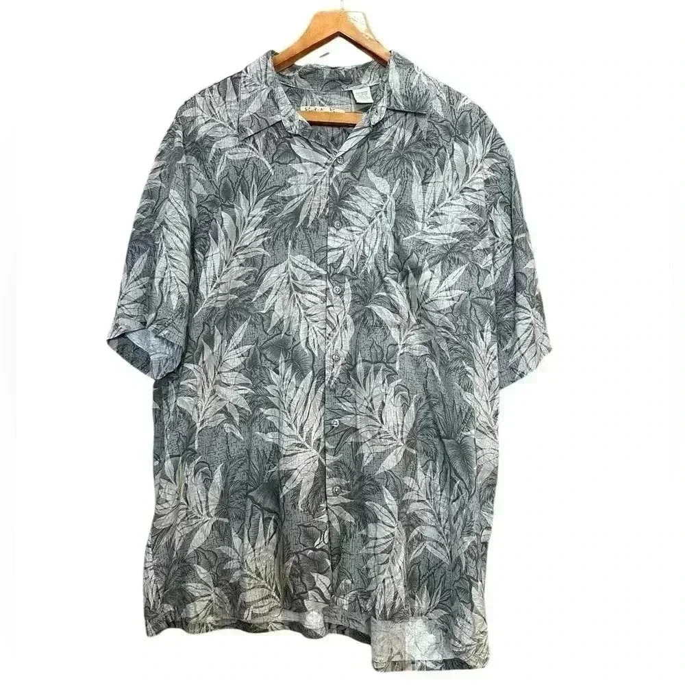 Batik Bay Men’s Hawaiian Palm Button Down Gray Size L